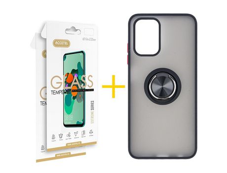 Pack 2 X Protector de Vidrio Templado 2.5D + Funda ACCETEL para Xiaomi Redmi Note 10S Gel Bumper con Anillo Negro