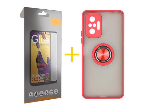 Pack 1 Película Full + Funda SKYHE por Xiaomi Redmi Note 10 Pro Gel Bumper con Anillo Rojo