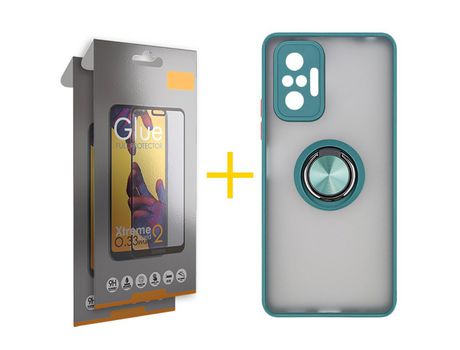 Pack 2 Películas Full + Funda SKYHE por Xiaomi Redmi Note 10 Pro Gel Bumper con Anillo Verde