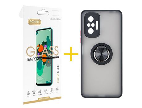 Pack 1 X Protector de Vidrio Templado 2.5D + Funda ACCETEL para Xiaomi Redmi Note 10 Pro Gel Bumper con Anillo Negro