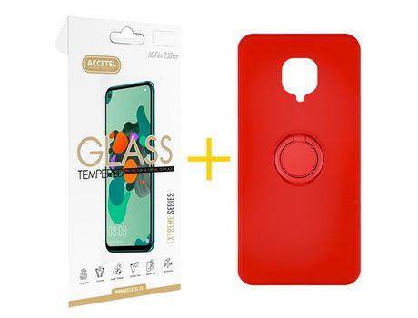 Pack 1 X Protector de Vidrio Templado 2.5D + Funda ACCETEL para Xiaomi Redmi Note 9 Pro Gel O-Ring Rojo