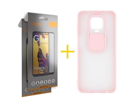 Pack 2 X Protector de Vidrio Templado Full + Funda ACCETEL para Xiaomi Redmi Note 9S Gel Protección Cámara Rosa