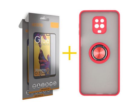 Pack 2 X Protector de Vidrio Templado Full + Funda ACCETEL para Xiaomi Redmi Note 9 Pro Gel Bumper con Anillo Rojo