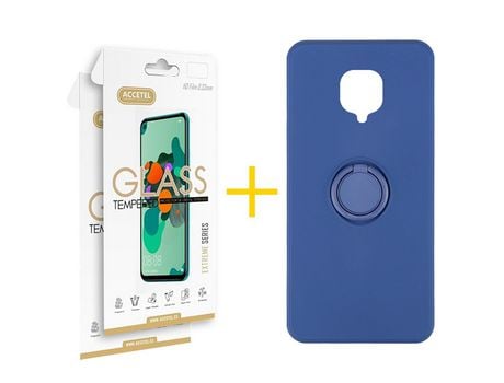 Pack 2 X Protector de Vidrio Templado 2.5D + Funda ACCETEL para Xiaomi Redmi Note 9 Pro Gel O-Ring Azul
