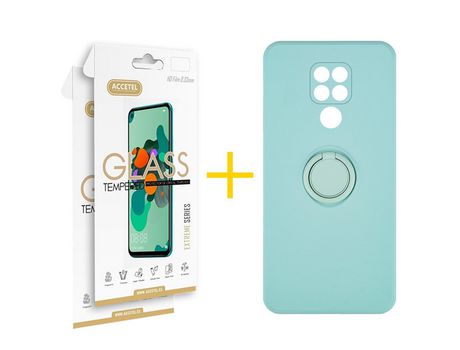 Pack 2 X Protector de Vidrio Templado 2.5D + Funda ACCETEL para Xiaomi Redmi Note 9 Gel O-Ring Verde-Agua