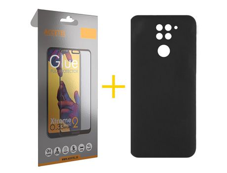 Pack 1 X Protector de Vidrio Templado Full + Funda ACCETEL para Xiaomi Redmi Note 9 Silicona Líquida Negro
