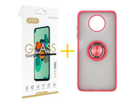 Pack 1 X Protector de Vidrio Templado 2.5D + Funda ACCETEL para Xiaomi Redmi Note 9T Gel Bumper con Anillo Rojo