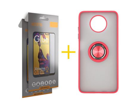 Pack 2 X Protector de Vidrio Templado Full + Funda ACCETEL para Xiaomi Redmi Note 9T Gel Bumper con Anillo Rojo