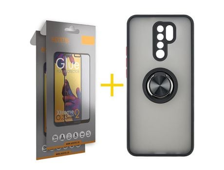 Pack 2 X Protector de Vidrio Templado Full + Funda ACCETEL para Xiaomi Redmi 9 Gel Bumper con Anillo Negro