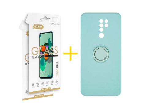 Pack 2 X Protector de Vidrio Templado 2.5D + Funda ACCETEL para Xiaomi Redmi 9 Gel O-Ring Verde-Agua