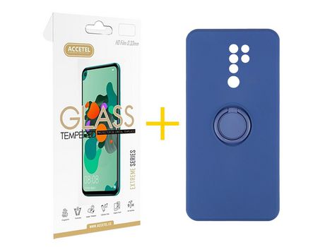 Pack 1 X Protector de Vidrio Templado 2.5D + Funda ACCETEL para Xiaomi Redmi 9 Gel O-Ring Azul