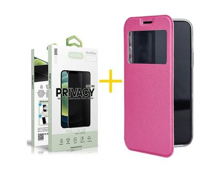 Juego 1 X Película de Vidrio Templado Antiespia y Funda ACCETEL por Apple iPhone 14 Flip Cover Gandy Rosa