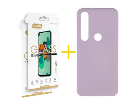 Pack 2 X Protector de Vidrio Templado 2.5D + Funda ACCETEL para Huawei P Smart 2019 Silicona Líquida Morado