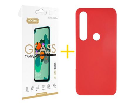 Pack 1 X Protector de Vidrio Templado 2.5D + Funda ACCETEL para Huawei P Smart 2019 Silicona Líquida Rojo