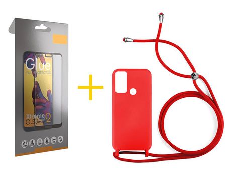 Pack 1 Película Full + Funda SKYHE por Huawei P Smart 2019 Gel con Cordón Rojo