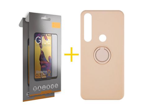 Pack 2 Películas Full + Funda SKYHE por Huawei P Smart 2019 Gel O-Ring Rosa Pastel
