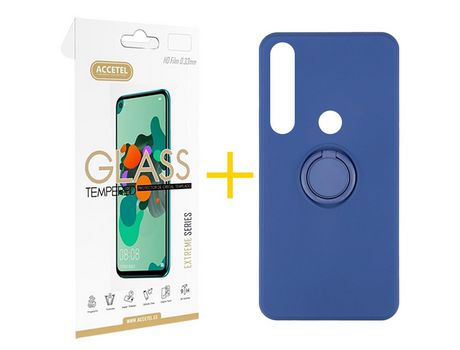 Pack 1 X Protector de Vidrio Templado 2.5D + Funda ACCETEL para Huawei P Smart 2019 Gel O-Ring Azul