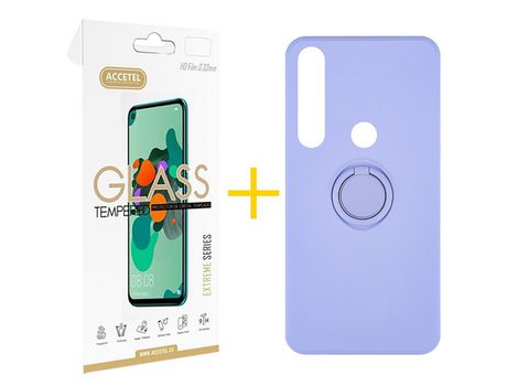 Pack 1 X Protector de Vidrio Templado 2.5D + Funda ACCETEL para Huawei P Smart 2019 Gel O-Ring Morado