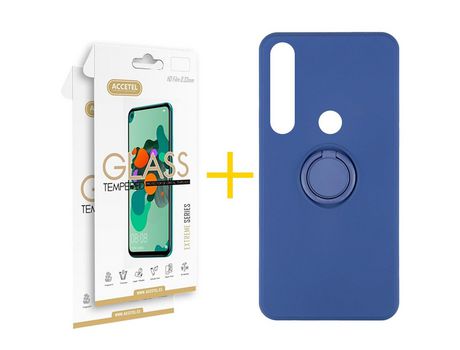Pack 2 X Protector de Vidrio Templado 2.5D + Funda ACCETEL para Huawei P Smart 2019 Gel O-Ring Azul