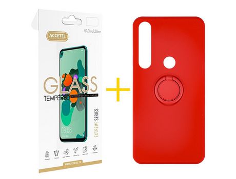 Pack 1 X Protector de Vidrio Templado 2.5D + Funda ACCETEL para Huawei P Smart 2019 Gel O-Ring Rojo