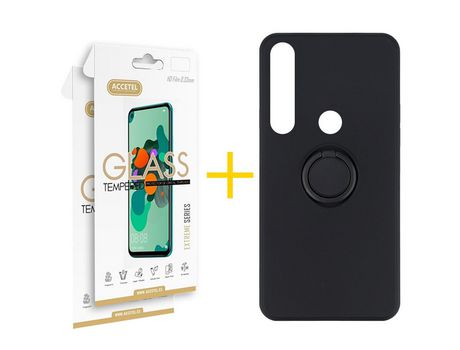 Pack 2 X Protector de Vidrio Templado 2.5D + Funda ACCETEL para Huawei P Smart 2019 Gel O-Ring Negro