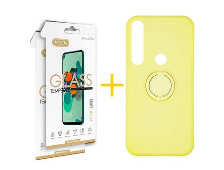 Pack 2 X Protector de Vidrio Templado 2.5D + Funda ACCETEL para Huawei P Smart 2019 Gel O-Ring Amarillo