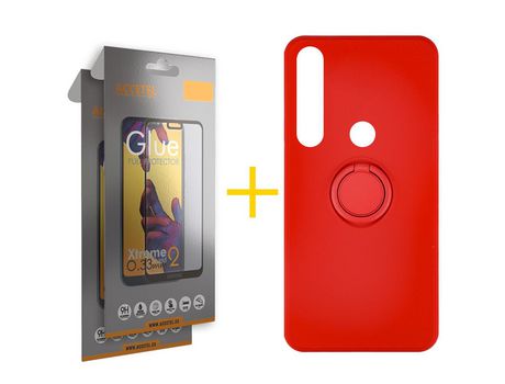Pack 2 X Protector de Vidrio Templado Full + Funda ACCETEL para Huawei P Smart 2019 Gel O-Ring Rojo