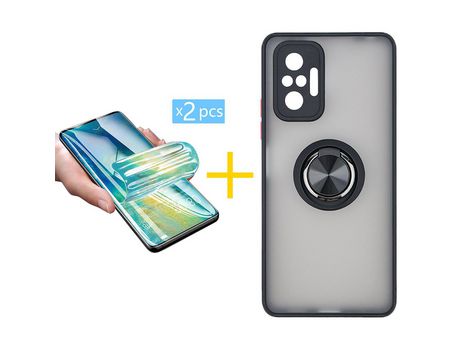 Pack 2 Películas + Funda SKYHE por Xiaomi Redmi Note 10 Pro Gel Bumper con Anillo Negro
