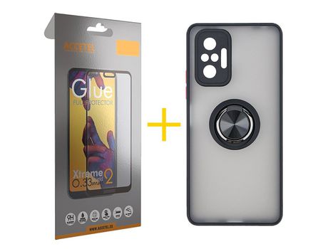 Pack 1 X Protector de Vidrio Templado Full + Funda ACCETEL para Xiaomi Redmi Note 10 Pro Gel Bumper con Anillo Negro