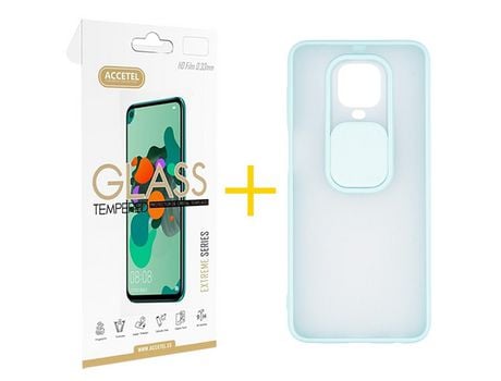 Pack 1 X Protector de Vidrio Templado 2.5D + Funda ACCETEL para Xiaomi Redmi Note 9S Gel Protección Cámara Verde-Mar