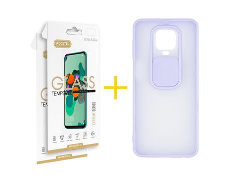 Pack 2 X Protector de Vidrio Templado 2.5D + Funda ACCETEL para Xiaomi Redmi Note 9 Pro Gel Protección Cámara Violeta