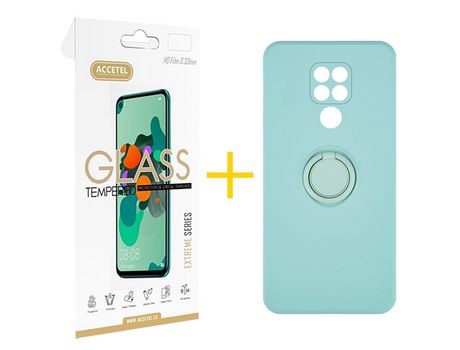 Pack 1 X Protector de Vidrio Templado 2.5D + Funda ACCETEL para Xiaomi Redmi Note 9 Gel O-Ring Verde-Agua