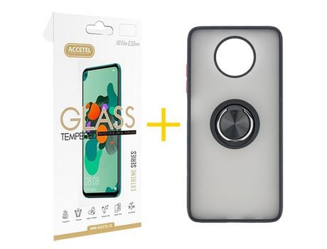 Pack 1 X Protector de Vidrio Templado 2.5D + Funda ACCETEL para Xiaomi Redmi Note 9T Gel Bumper con Anillo Negro