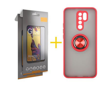 Pack 2 Películas Full + Funda SKYHE por Xiaomi Redmi 9 Gel Bumper con Anillo Rojo