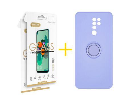 Pack 2 X Protector de Vidrio Templado 2.5D + Funda ACCETEL para Xiaomi Redmi 9 Gel O-Ring Morado
