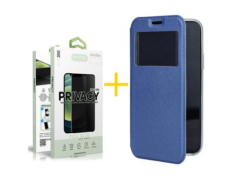 Pack 1 X Protector de Vidrio Templado Anti espía + Funda ACCETEL para Huawei P Smart 2021 Flip Cover Gandy Azul
