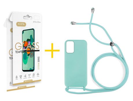 Pack 2 X Protector de Vidrio Templado 2.5D + Funda ACCETEL para Xiaomi Redmi Note 10 Pro Gel con Cordón Agua Verde