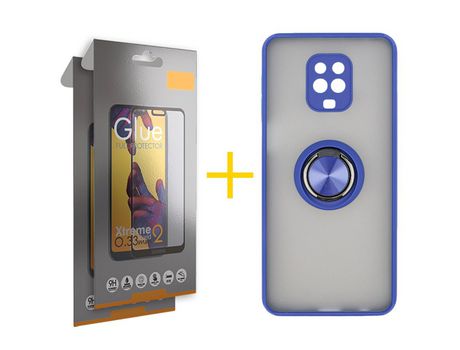 Pack 2 Películas Full + Funda SKYHE por Xiaomi Redmi Note 9 Pro Gel Bumper con Anillo Azul