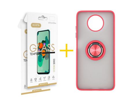 Pack 2 X Protector de Vidrio Templado 2.5D + Funda ACCETEL para Xiaomi Redmi Note 9T Gel Bumper con Anillo Rojo