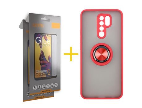 Pack 2 X Protector de Vidrio Templado Full + Funda ACCETEL para Xiaomi Redmi 9 Gel Bumper con Anillo Rojo