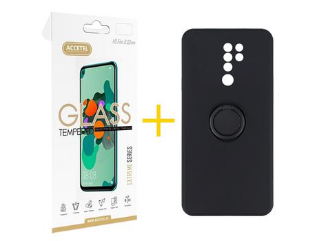Pack 1 X Protector de Vidrio Templado 2.5D + Funda ACCETEL para Xiaomi Redmi 9 Gel O-Ring Negro