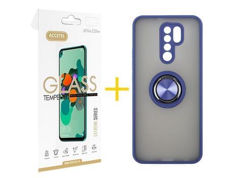 Pack 1 X Protector de Vidrio Templado 2.5D + Funda ACCETEL para Xiaomi Redmi 9 Gel Bumper con Anillo Azul