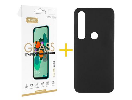 Pack 1 X Protector de Vidrio Templado 2.5D + Funda ACCETEL para Huawei P Smart 2019 Silicona Líquida Negro