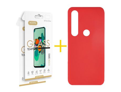 Pack 2 X Protector de Vidrio Templado 2.5D + Funda ACCETEL para Huawei P Smart 2019 Silicona Líquida Rojo