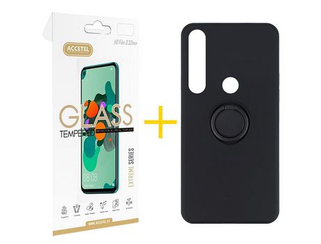 Pack 1 X Protector de Vidrio Templado 2.5D + Funda ACCETEL para Huawei P Smart 2019 Gel O-Ring Negro