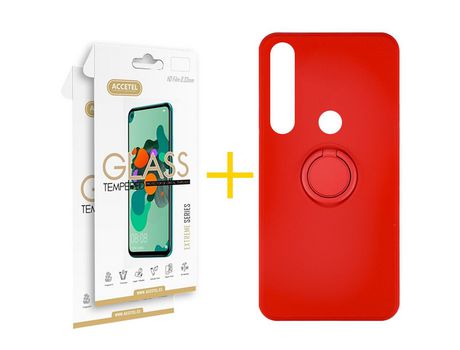 Pack 2 X Protector de Vidrio Templado 2.5D + Funda ACCETEL para Huawei P Smart 2019 Gel O-Ring Rojo
