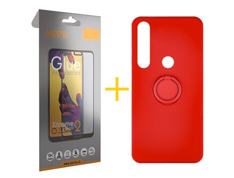 Pack 1 X Protector de Vidrio Templado Full + Funda ACCETEL para Huawei P Smart 2019 Gel O-Ring Rojo
