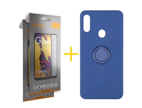 Pack 2 X Protector de Vidrio Templado Full + Funda ACCETEL para Samsung Galaxy A20s Gel O-Ring Azul