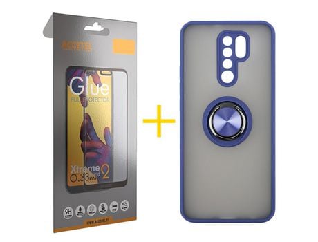 Pack 1 X Protector de Vidrio Templado Full + Funda ACCETEL para Xiaomi Redmi 9 Gel Bumper con Anillo Azul