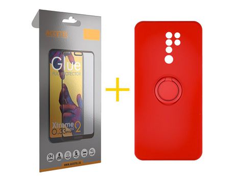 Pack 1 X Protector de Vidrio Templado Full + Funda ACCETEL para Xiaomi Redmi 9 Gel O-Ring Rojo